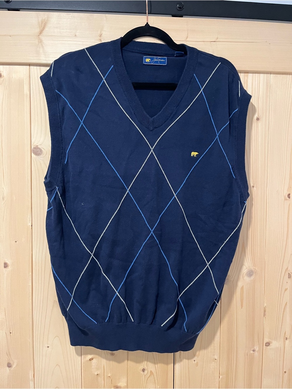 Jack Nicklaus Navy Argyle V-Neck Sweater Vest with Yellow Bear Logo XL ⛳️ 🐻